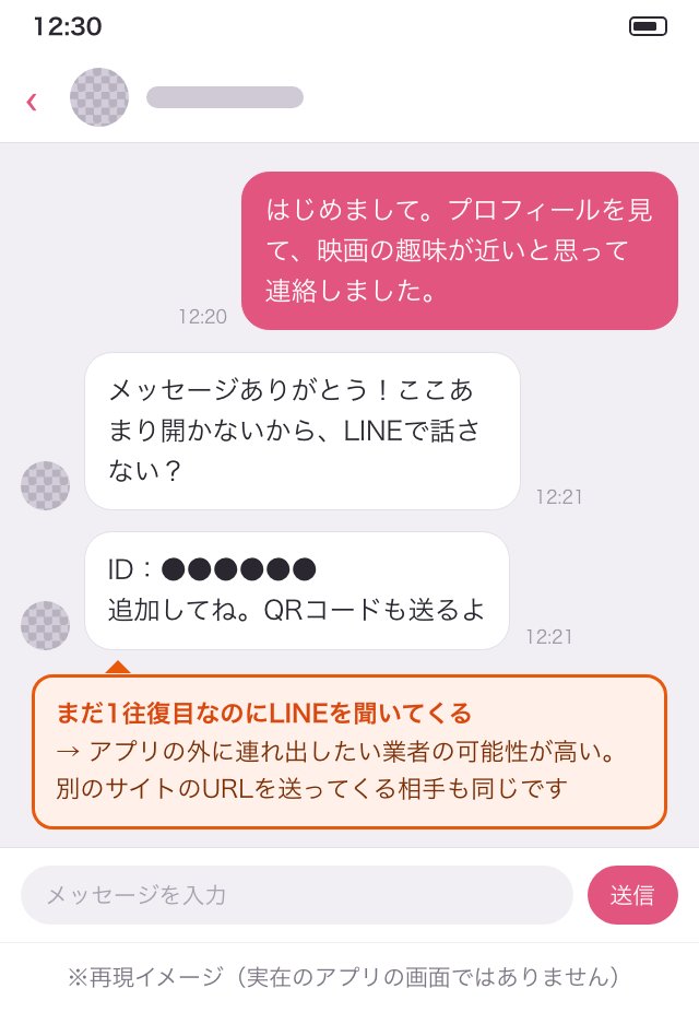 やり取りを始めてすぐにLINE IDを送ってくる業者のメッセージの再現イメージ