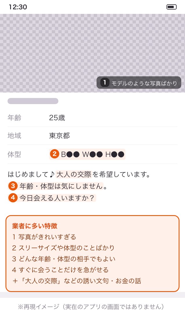 業者に多いプロフィールの特徴（大人の交際・スリーサイズ・誰でもよい・今日会える）の再現イメージ