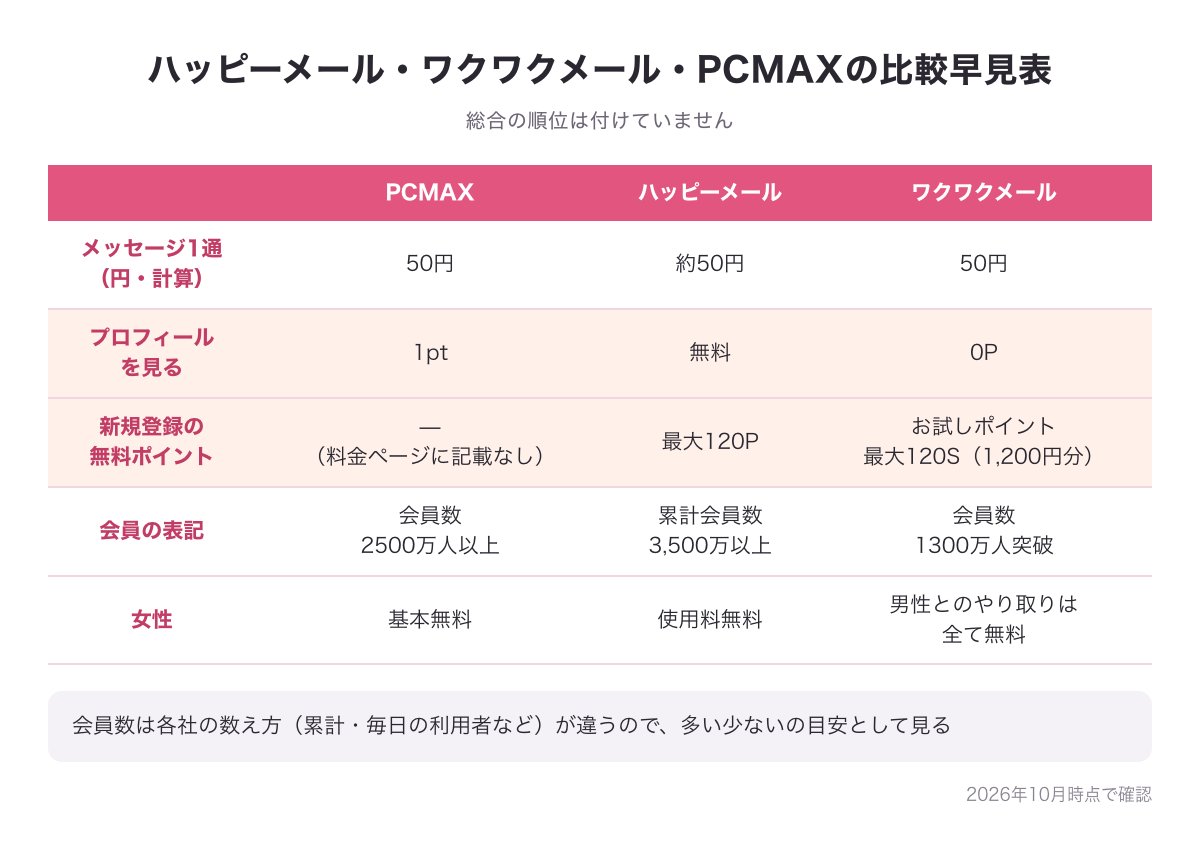 PCMAX・ハッピーメール・ワクワクメールの3社の比較早見表の図（メッセージ1通の料金・プロフィールを見る料金・新規登録の無料ポイント・会員の表記・年代の案内）