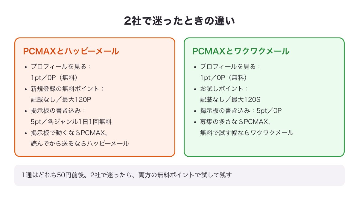 PCMAXとハッピーメール、PCMAXとワクワクメールの違いの図（プロフィールを見る料金・新規登録の無料ポイント・掲示板の書き込み）