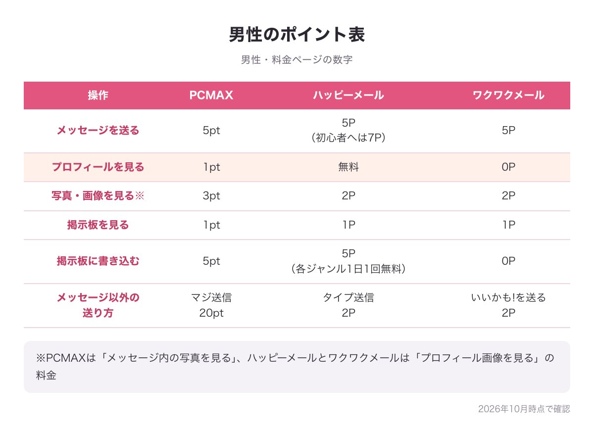 男性のポイント表の図（メッセージ・プロフィール・写真や画像・掲示板・メッセージ以外の送り方を3社で比較）