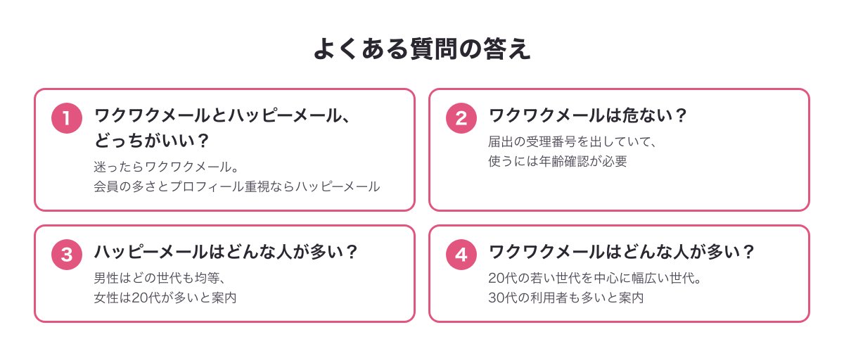 ハッピーメール・ワクワクメール・PCMAXの比較でよくある質問の答えの早見図