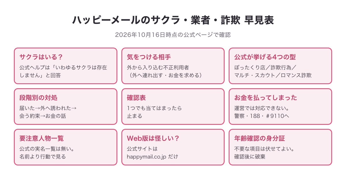 ハッピーメールのサクラ・業者・詐欺についてこの記事で扱うことの早見表（サクラはいるか・不正利用者の4つの型・段階別の対処・確認表・お金の被害の相談先・要注意人物一覧・Web版と年齢確認）