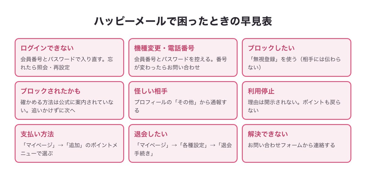 ハッピーメールで困ったときの早見表（ログインできない・機種変更・ブロック・通報・利用停止・支払い方法・退会・問い合わせ）