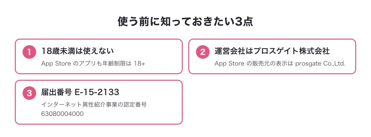 使う前に知っておきたい3点（年齢・運営会社プロスゲイト株式会社・届出番号と認定番号）の図