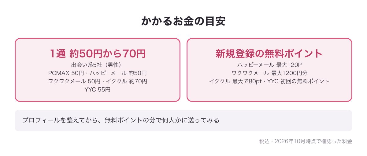 熟女と会うまでにかかるお金の目安の図（1通の値段と新規登録の無料ポイント）