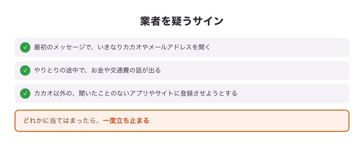 出会い系でカカオを聞かれたときに業者を疑うサイン3つのチェックリスト