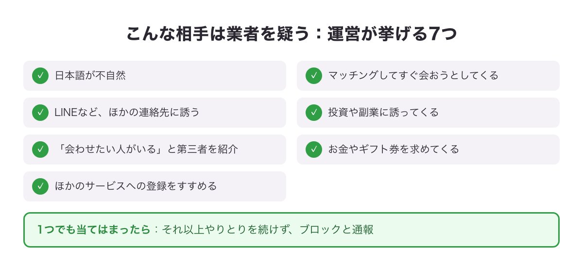既婚者クラブの運営が挙げる業者を疑う7つのサインのチェック表の図