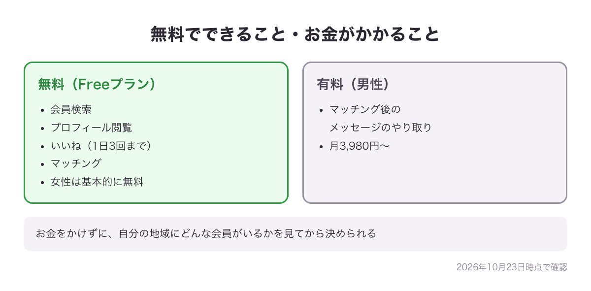 既婚マッチで無料でできることとお金がかかることの図（女性は無料・男性もいいねまで無料・メッセージは月3,980円〜）