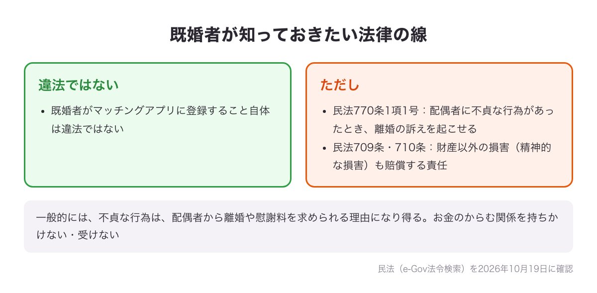 既婚者がアプリに登録すること自体は違法ではないこと、ただし民法770条1項1号・709条・710条の内容から不貞な行為は離婚や慰謝料を求められる理由になり得ることを示した図