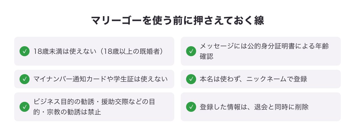 マリーゴーを使う前に押さえておく線（18歳未満は使えない・年齢確認・ニックネーム・勧誘や援助交際は禁止・退会でデータ削除）の図