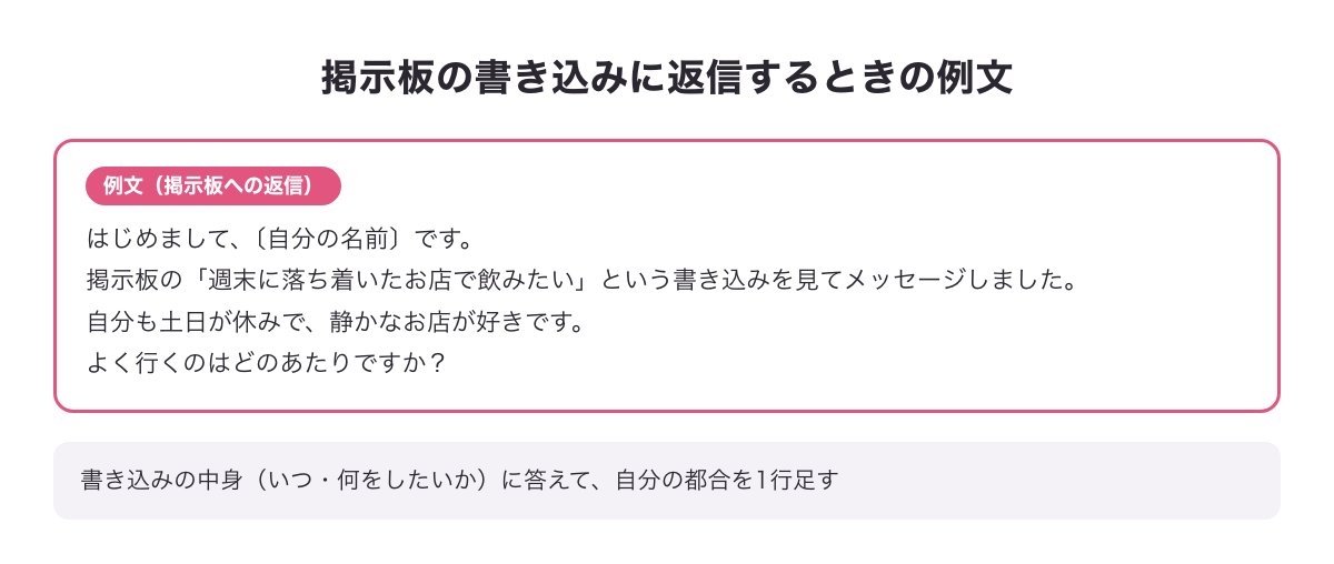 掲示板の書き込みに返信するときの例文カード（書き込みの中身に答えて、自分の都合を1行足す）