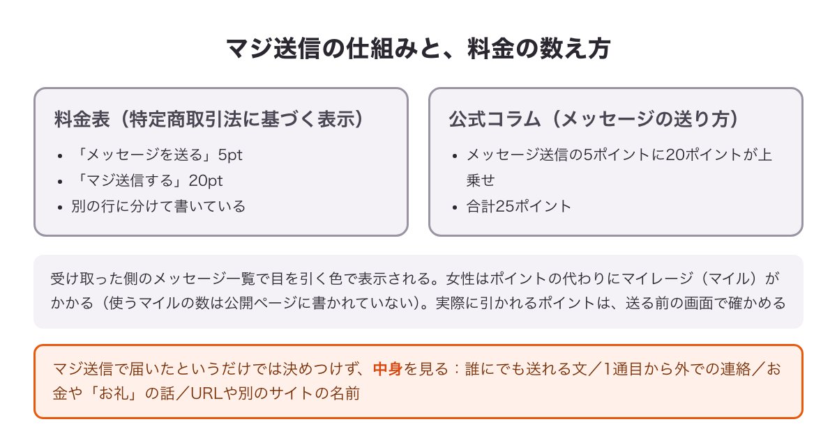マジ送信の料金の数え方（料金表はメッセージ5ptとマジ送信20ptを別の行、公式コラムは上乗せで合計25ポイント）と、中身で見分けるポイント