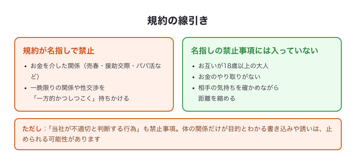 PCMAXの規約が名指しで禁止していることと、名指しの禁止事項に入っていないことの線引きの図