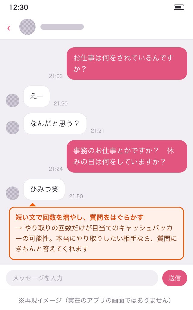 短い文で回数を増やし、質問をはぐらかすキャッシュバッカーとのやり取りの再現イメージ