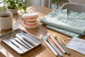 歯ブラシや歯科器具、ユニフォームが置かれた休憩室の机