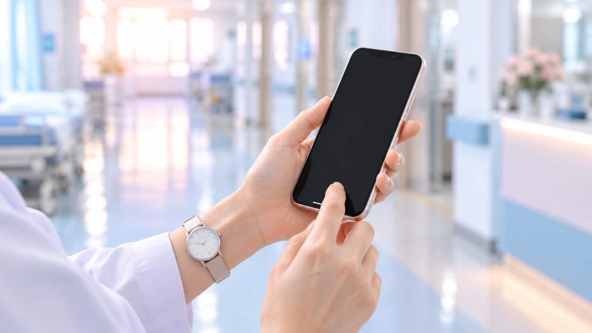 スマホを持つ看護師の手元