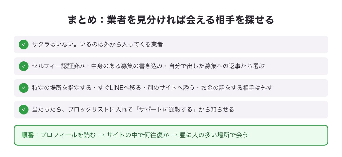 ワクワクメールで業者を見分けて会える相手を探すまとめの図