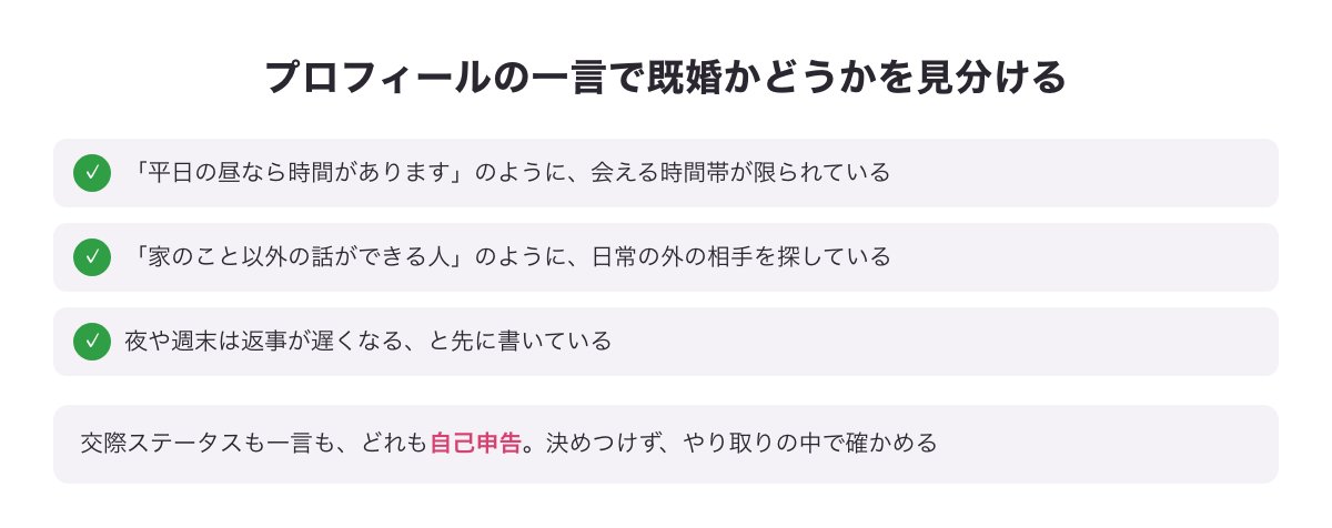 プロフィールの一言で既婚かどうかを見分ける3つのポイントの図