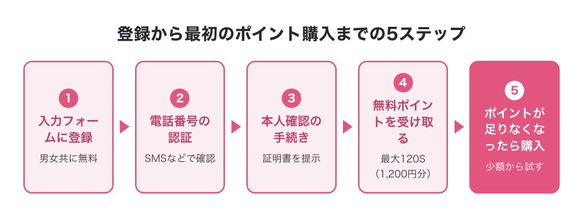 ワクワクメールの登録から最初のポイント購入までの5ステップ（入力フォーム登録→電話番号認証→本人確認→無料ポイント受け取り→ポイント購入）をまとめた図