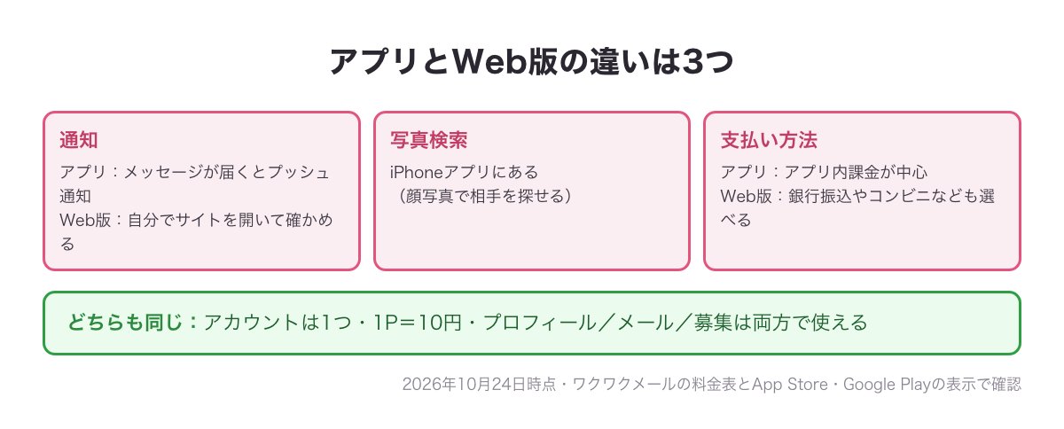 ワクワクメールのアプリとWeb版の違い3つ（通知・iPhoneアプリの写真検索・支払い方法）と、同じアカウント・1P＝10円は同じことを示す早見図
