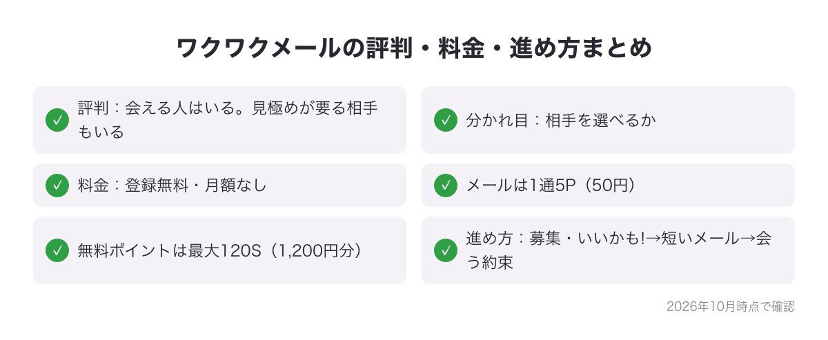ワクワクメールの評判・料金・進め方の3つのまとめ図